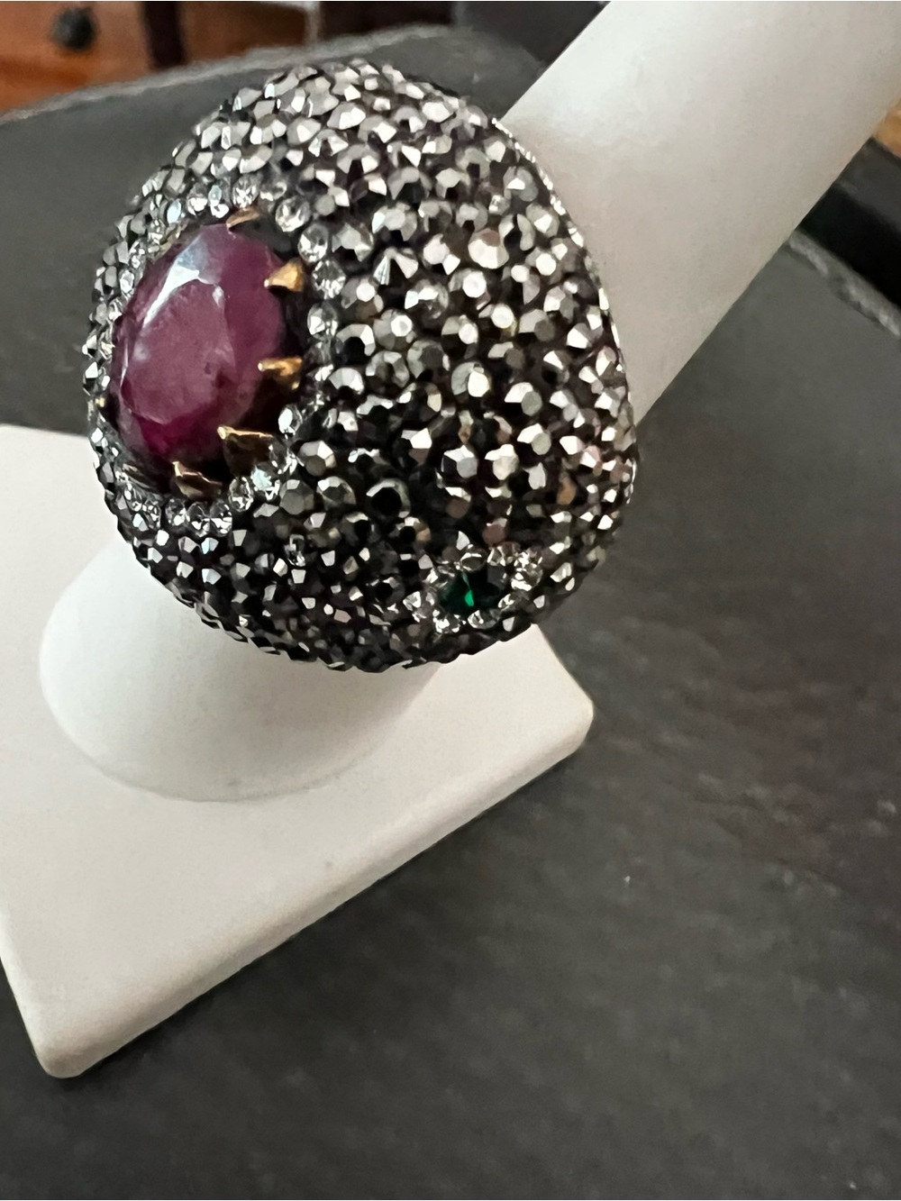 Silver-Tone Statement Ring with Red Center Stone